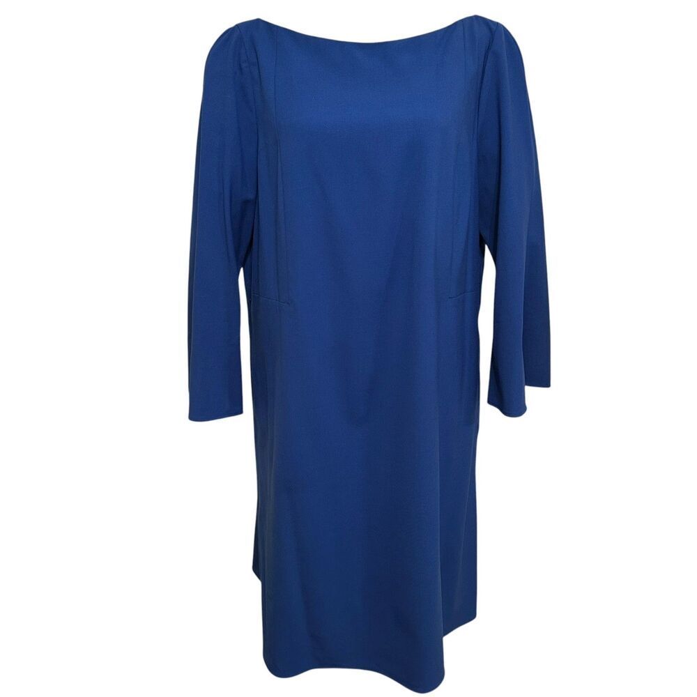 Lafayette 148 Mari Stretch Wool Shift Dress Size L Blue Bell Sleeve Boat Neck